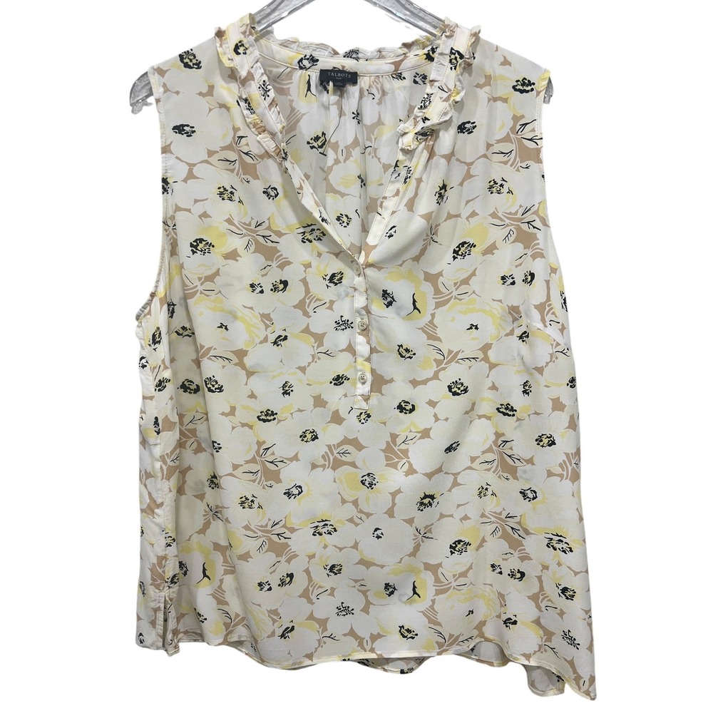 Talbots Plus 2X Floral Sleeveless Shell‎ Top Ruffle Neck Yellow Blouse Summer